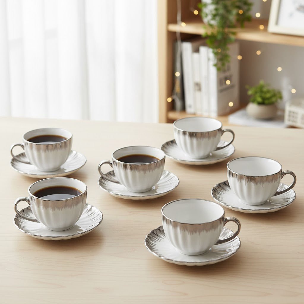 Enzo 6'lı Lüks Gümüş Detaylı Porselen Kahve Fincan Takımı