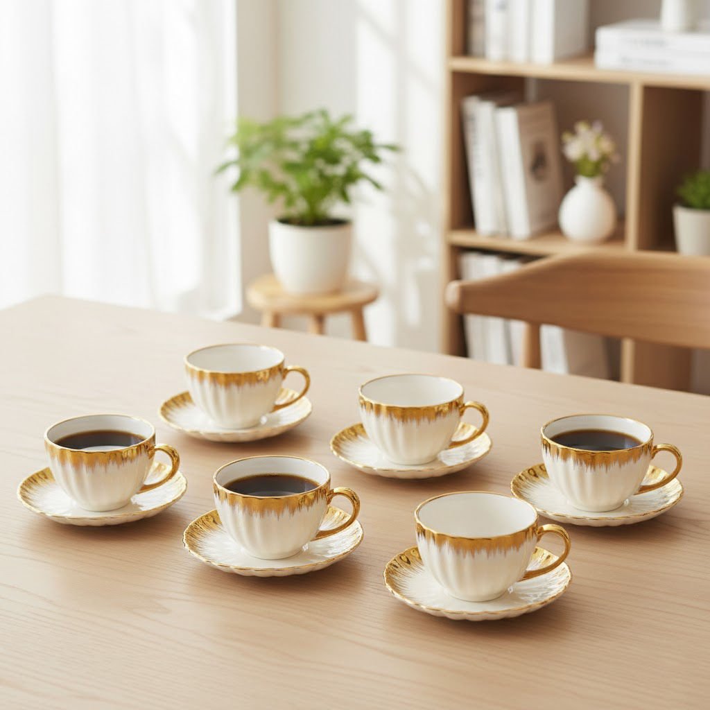 Enzo 6'lı Lüks Gold Detaylı Porselen Kahve Fincan Takımı