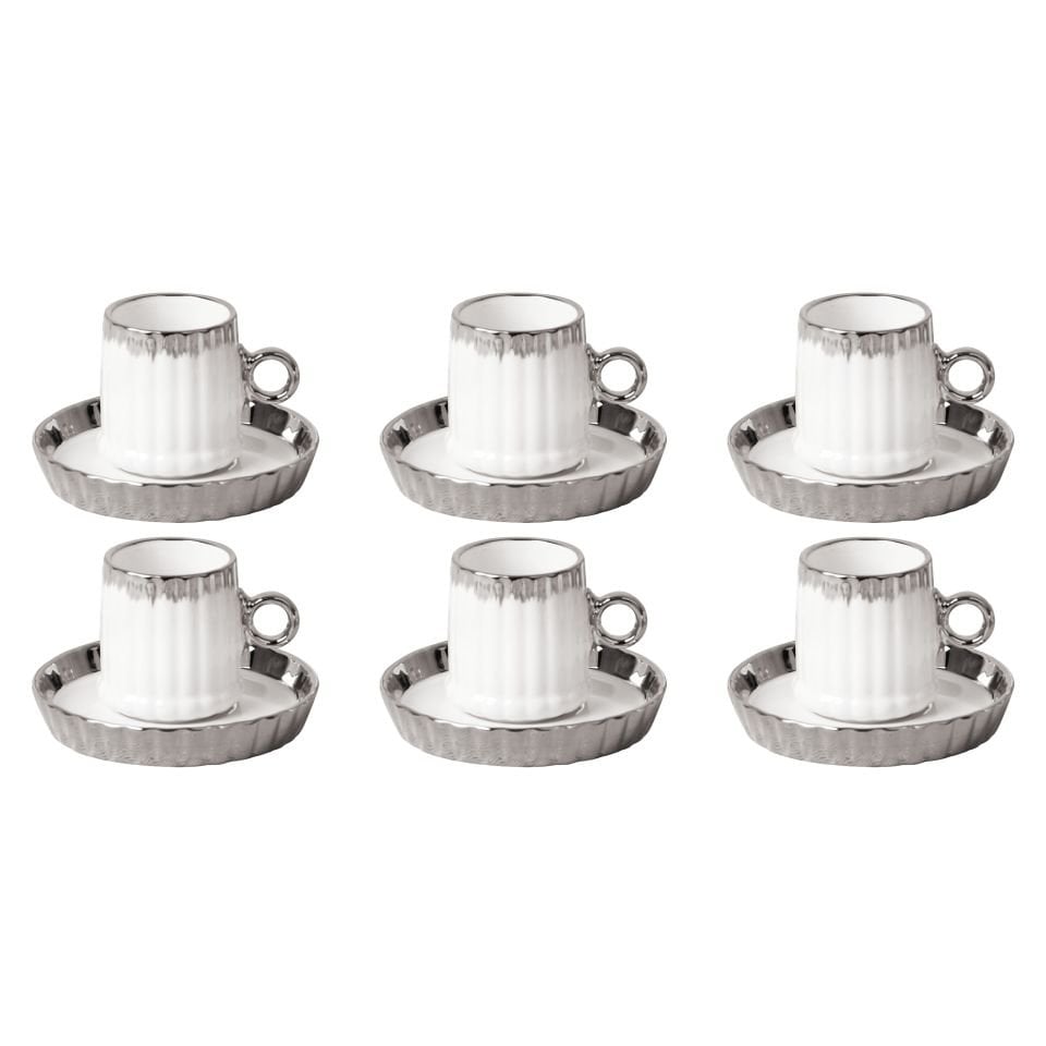 Enzo 6'lı Lüks Gümüş Detaylı Porselen Kahve Fincan Takımı
