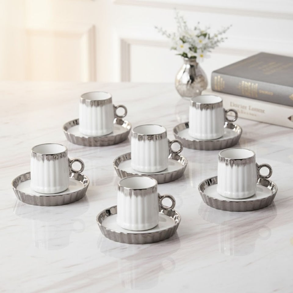 Enzo 6'lı Lüks Gümüş Detaylı Porselen Kahve Fincan Takımı