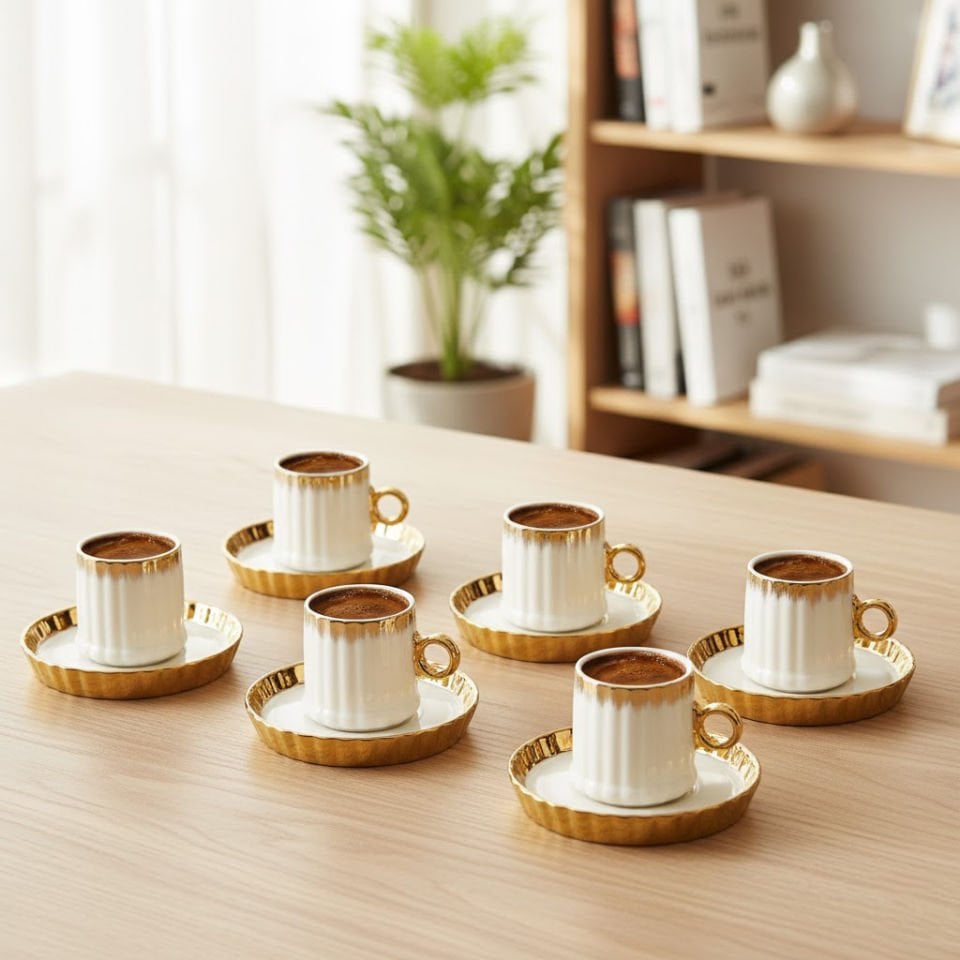Enzo 6'lı Lüks Gold Detaylı Porselen Kahve Fincan Takımı