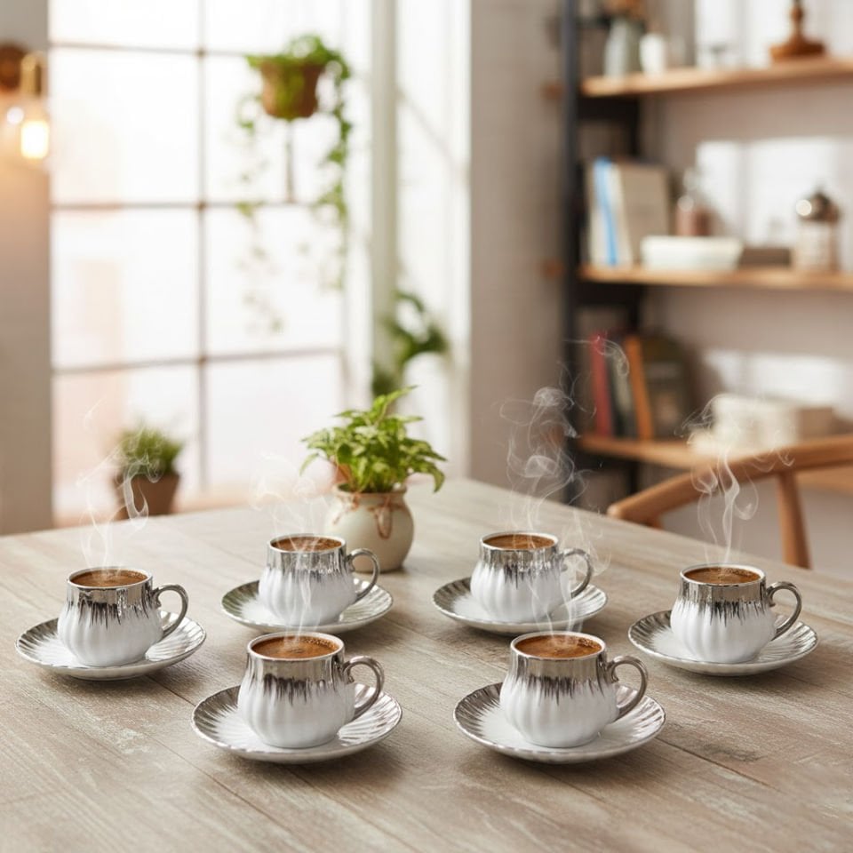 Enzo 6'lı Lüks Gümüş Detaylı Porselen Kahve Fincan Takımı