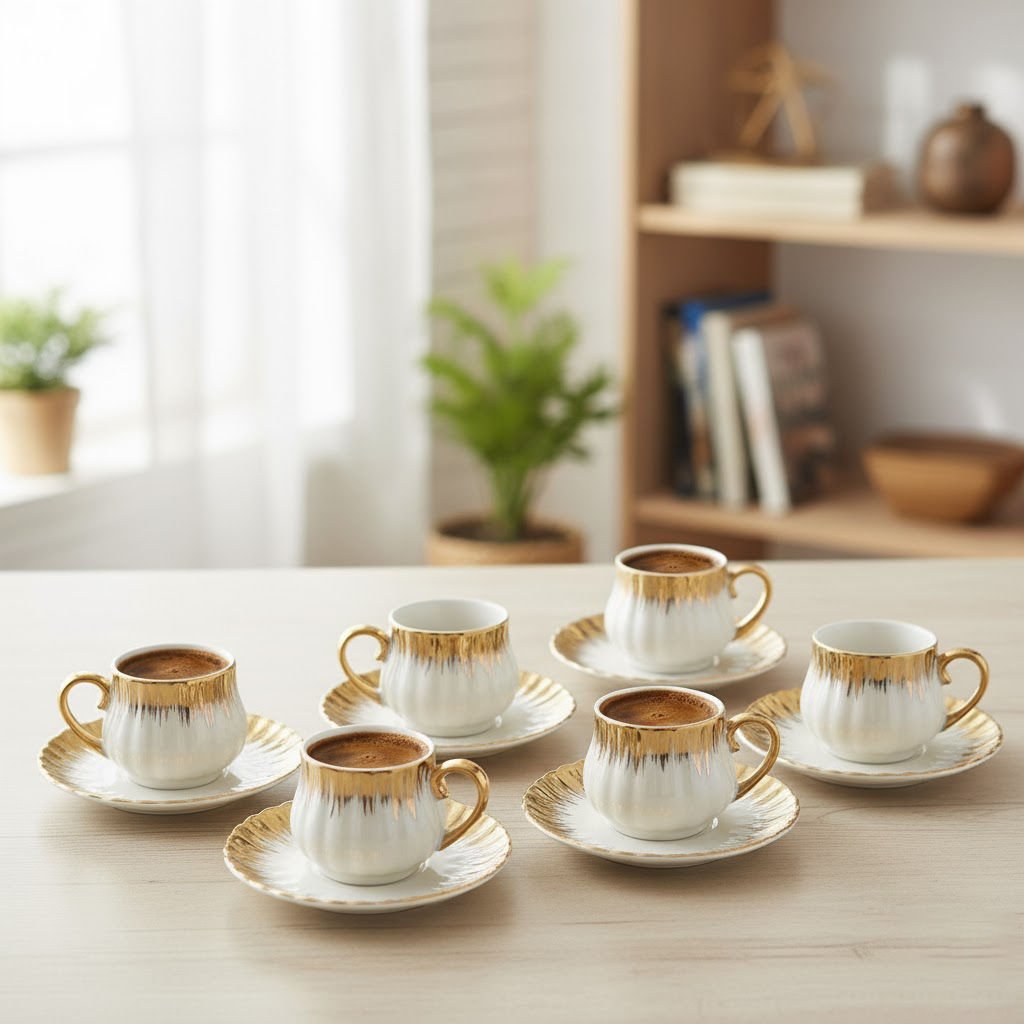 Enzo 6'lı Lüks Gold Detaylı Porselen Kahve Fincan Takımı
