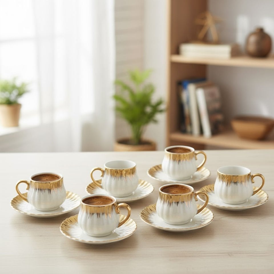 Enzo 6'lı Lüks Gold Detaylı Porselen Kahve Fincan Takımı