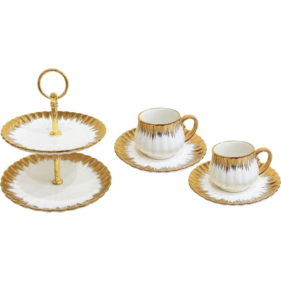 Enzo Gold Detaylı Porselen 2'li Kahve Fincan ve 2 Katlı Servis Sunum Takımı