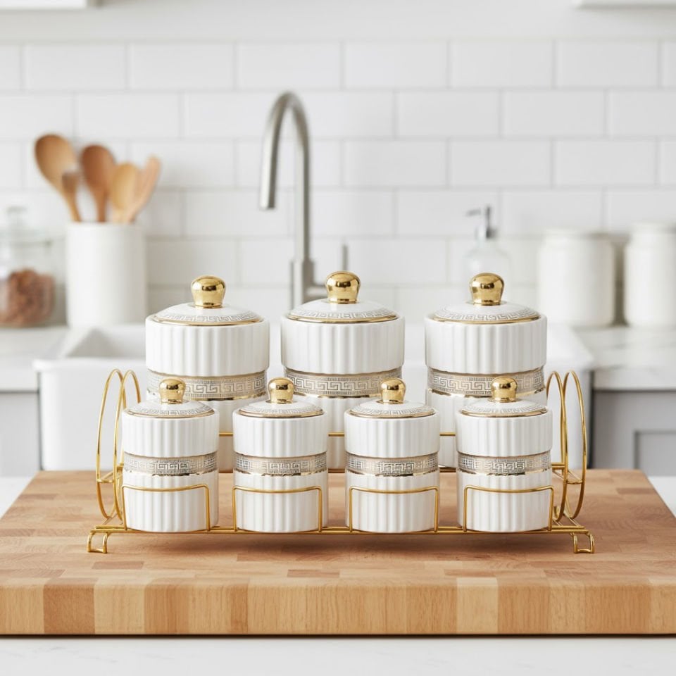 Enzo Elegant Gold Detaylı Metal Standlı 7’li Beyaz Porselen Baharat Takımı