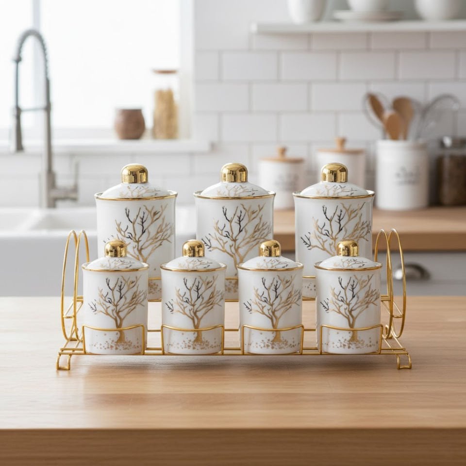 7’li Hayat Ağacı Desenli Gold Detaylı Metal Standlı Porselen Baharat Takımı