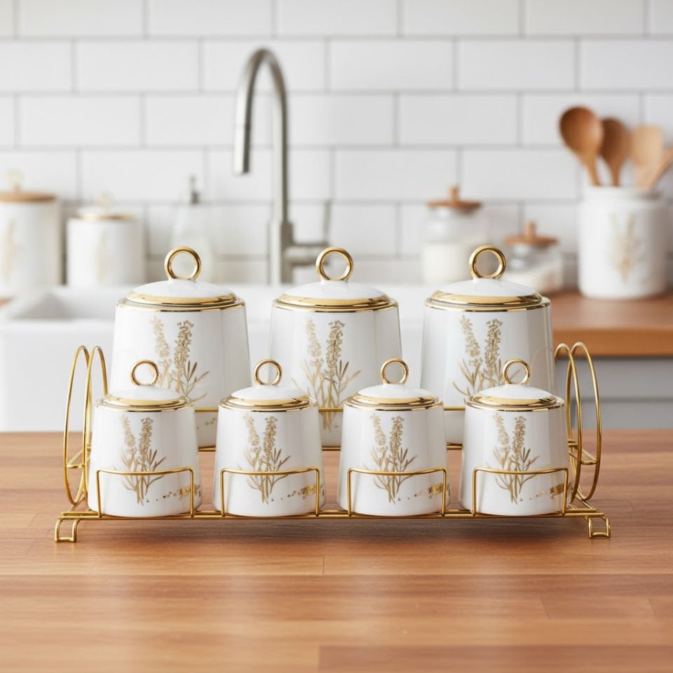 7’li Lavanta Desenli Gold Detaylı Metal Standlı Porselen Baharat Takımı
