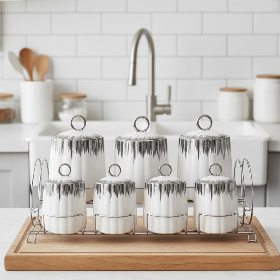 Enzo Gümüş Detaylı Metal Standlı 7'li Porselen Baharat Takımı