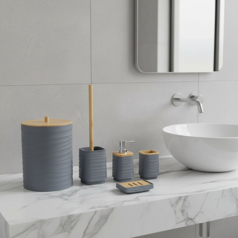 Olivia Bambu Kapaklı 5 Parça Beyaz Modern Akrilik Banyo Seti