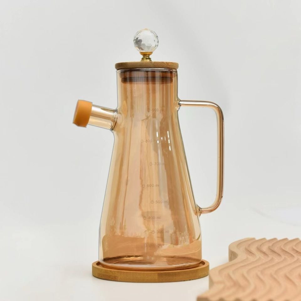 Arles Kristal Taşlı Bambu Altlıklı Borosilikat Cam Yağlık Sirkelik