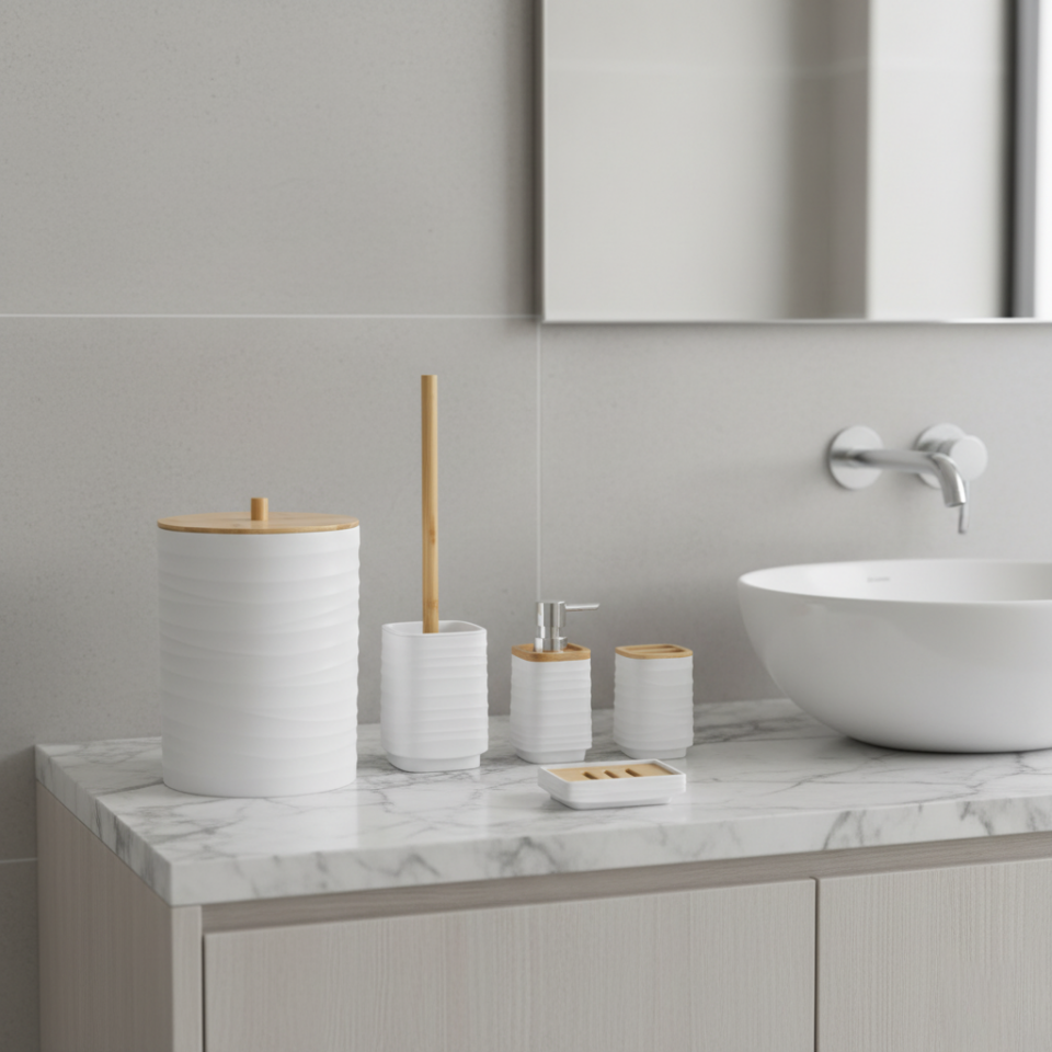 Olivia Bambu Kapaklı 5 Parça Beyaz Modern Akrilik Banyo Seti