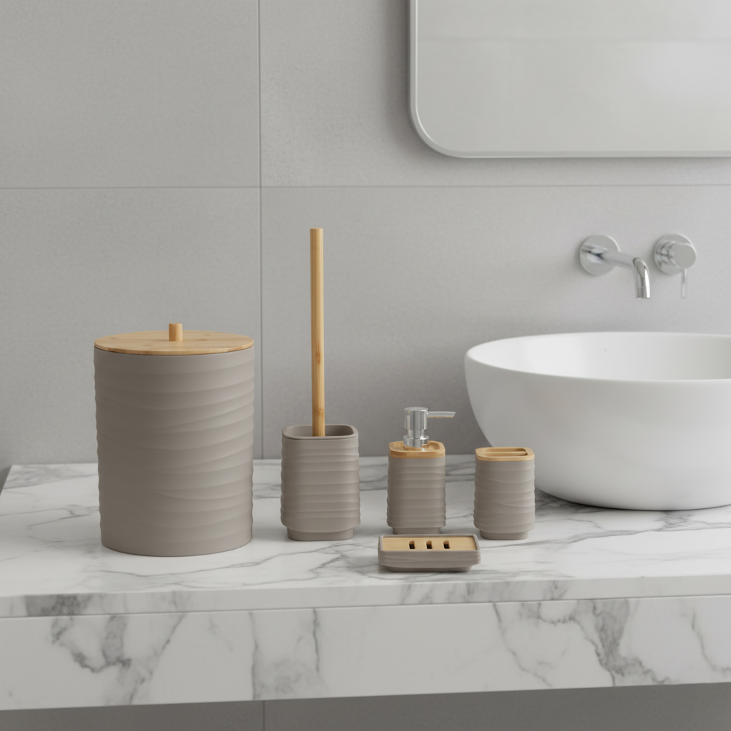 Olivia Bambu Kapaklı 5 Parça Beyaz Modern Akrilik Banyo Seti