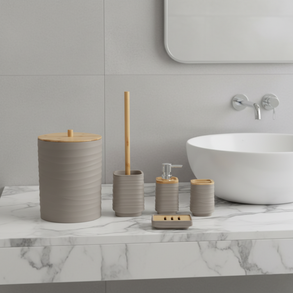 Olivia Bambu Kapaklı 5 Parça Beyaz Modern Akrilik Banyo Seti