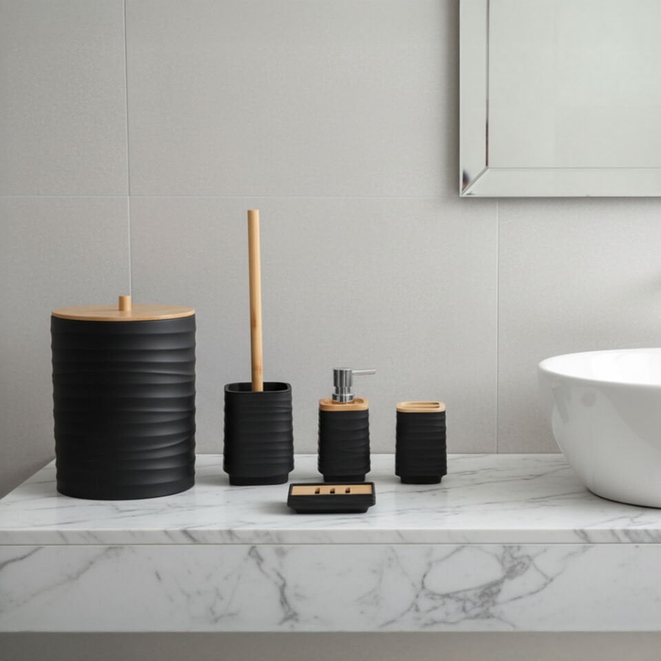 Olivia Bambu Kapaklı 5 Parça Beyaz Modern Akrilik Banyo Seti