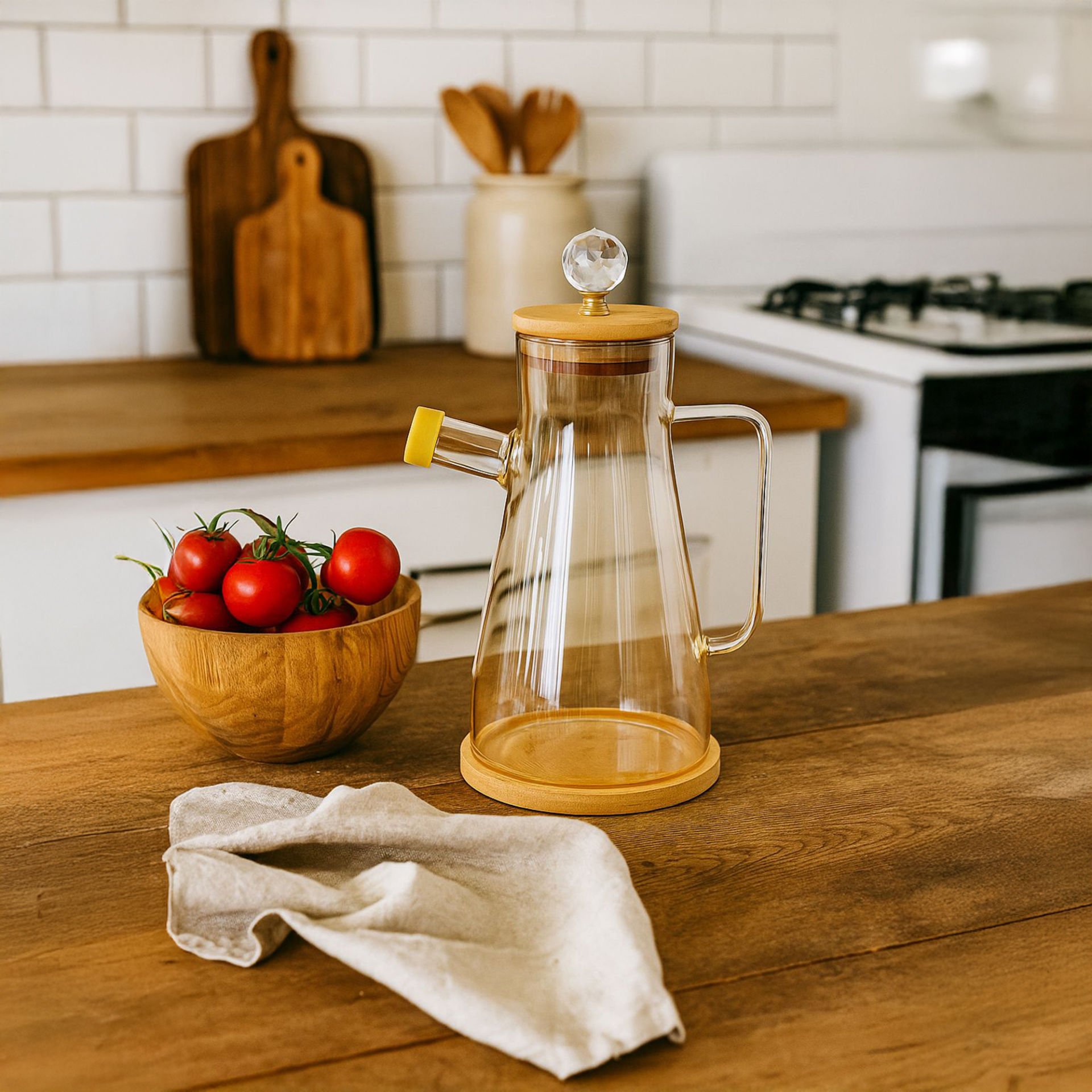 Arles Kristal Taşlı Bambu Altlıklı Borosilikat Cam Yağlık Sirkelik