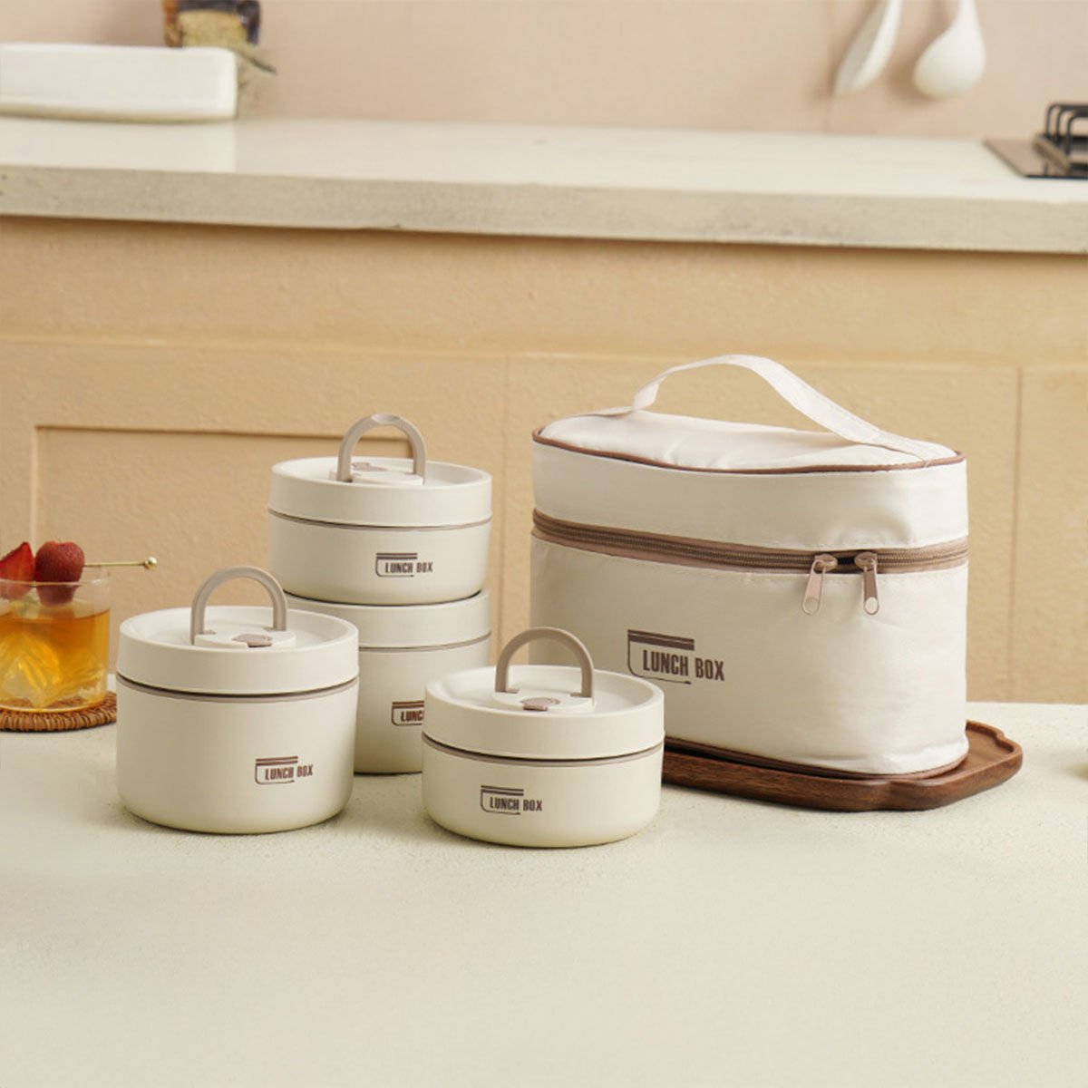 Termo Yalıtımlı 4’lü Yuvarlak Saklama Kabı Seti ve Isı Koruyucu Taşıma Çantası – Lunch Box