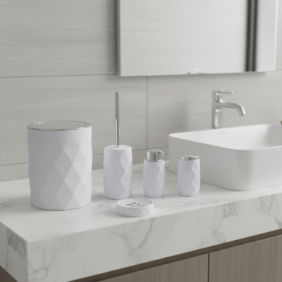 Diamond 5 Parça Modern Akrilik Banyo Seti Beyaz