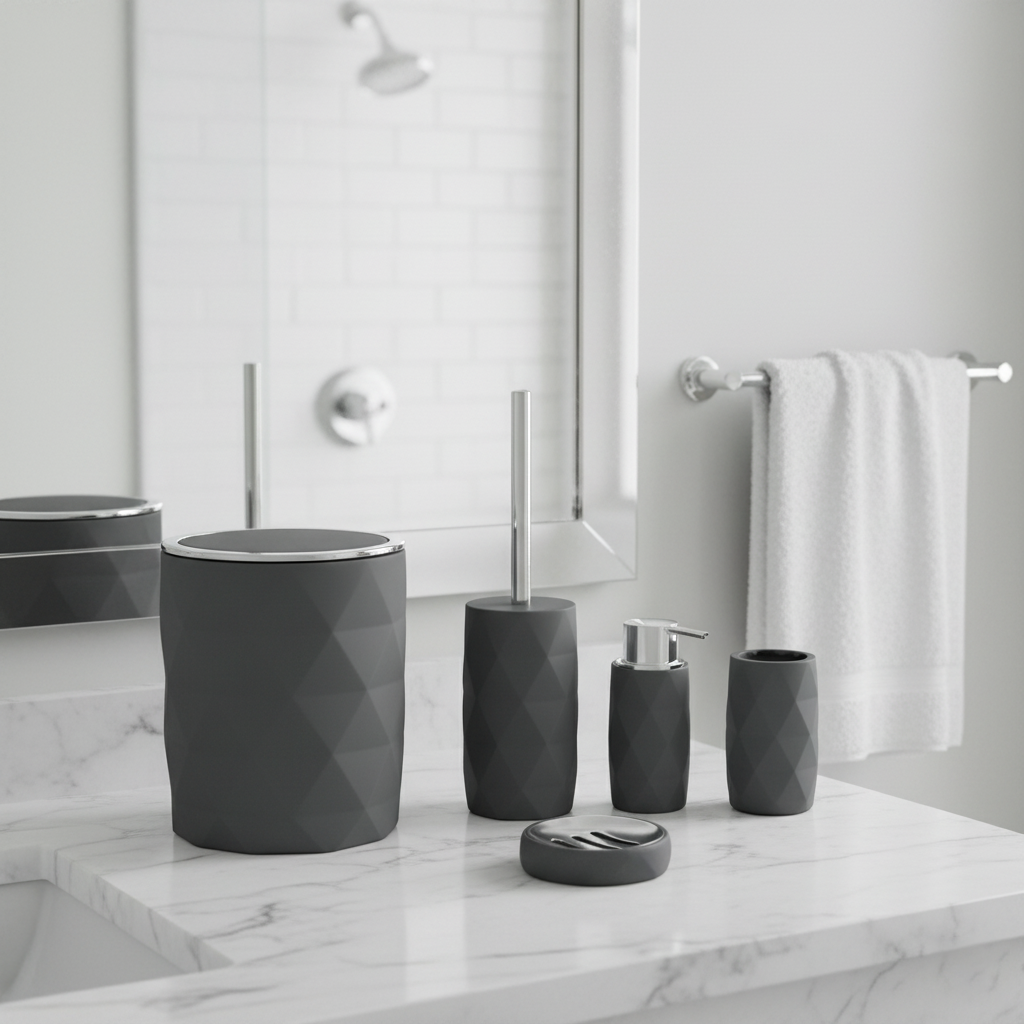 Diamond 5 Parça Modern Akrilik Banyo Seti Gri