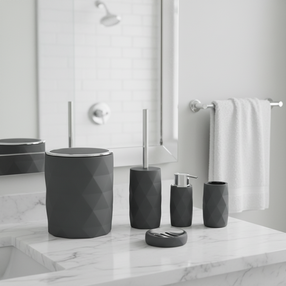 Diamond 5 Parça Modern Akrilik Banyo Seti Gri
