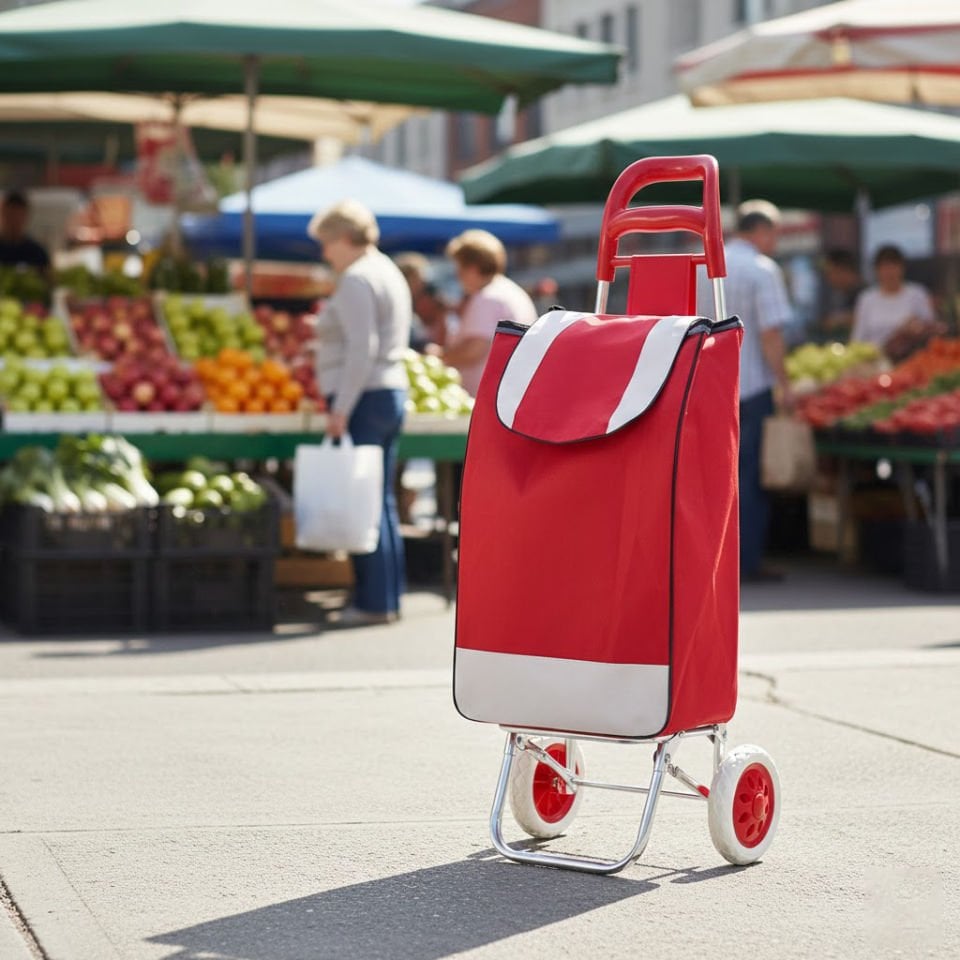 Katlanabilir Ses Yapmaz Tekerlekli Su Geçirmez Çantalı Metal Gövdeli Pazar Market Arabası Kırmızı