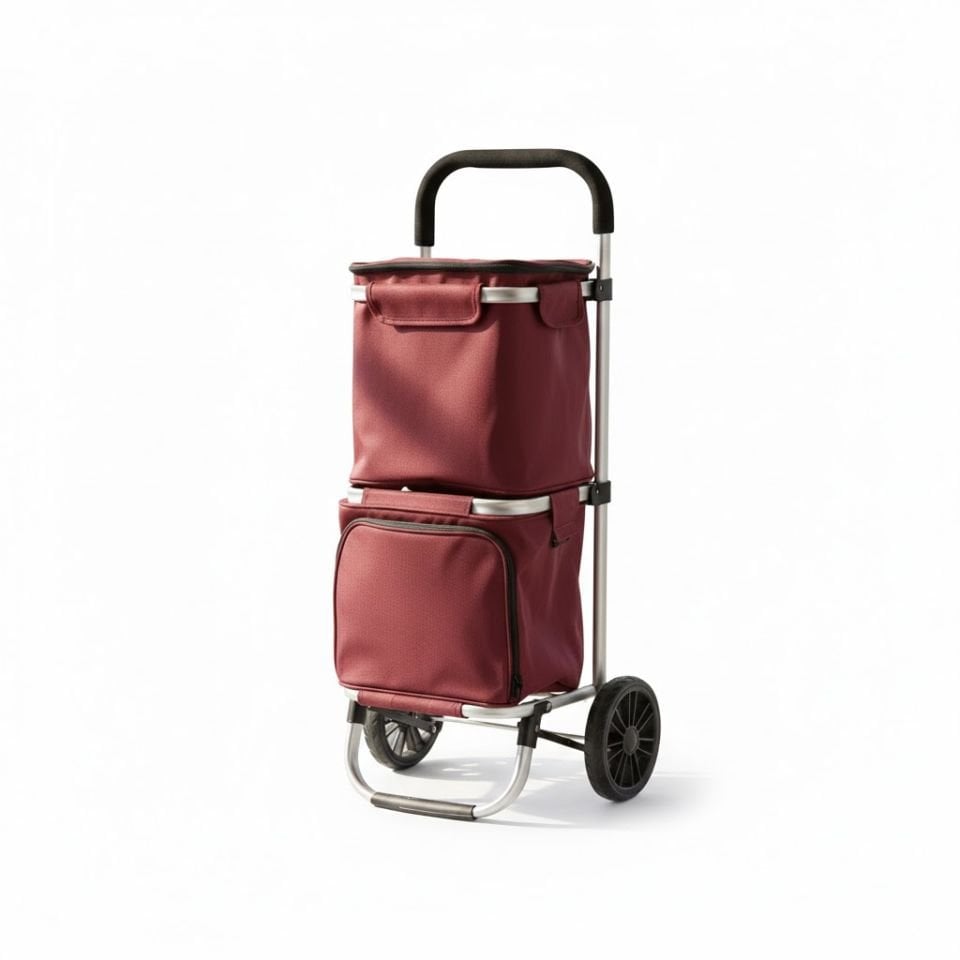İki Bölmeli Termal Soğutucu Çantalı Alüminyum Gövdeli Alışveriş Pazar Arabası Bordo