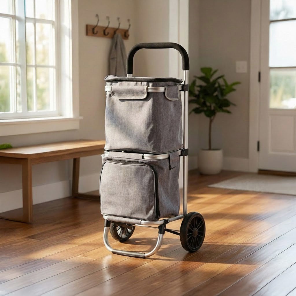 İki Bölmeli Termal Soğutucu Çantalı Alüminyum Gövdeli Alışveriş Pazar Arabası