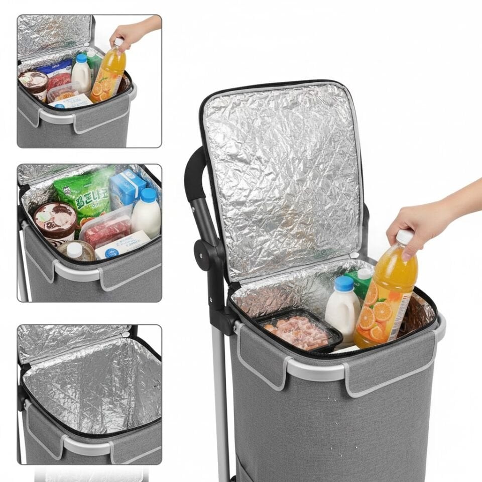 Termal Soğutucu Su Geçirmez Çantalı Alüminyum Gövdeli Alışveriş Pazar Arabası Mavi