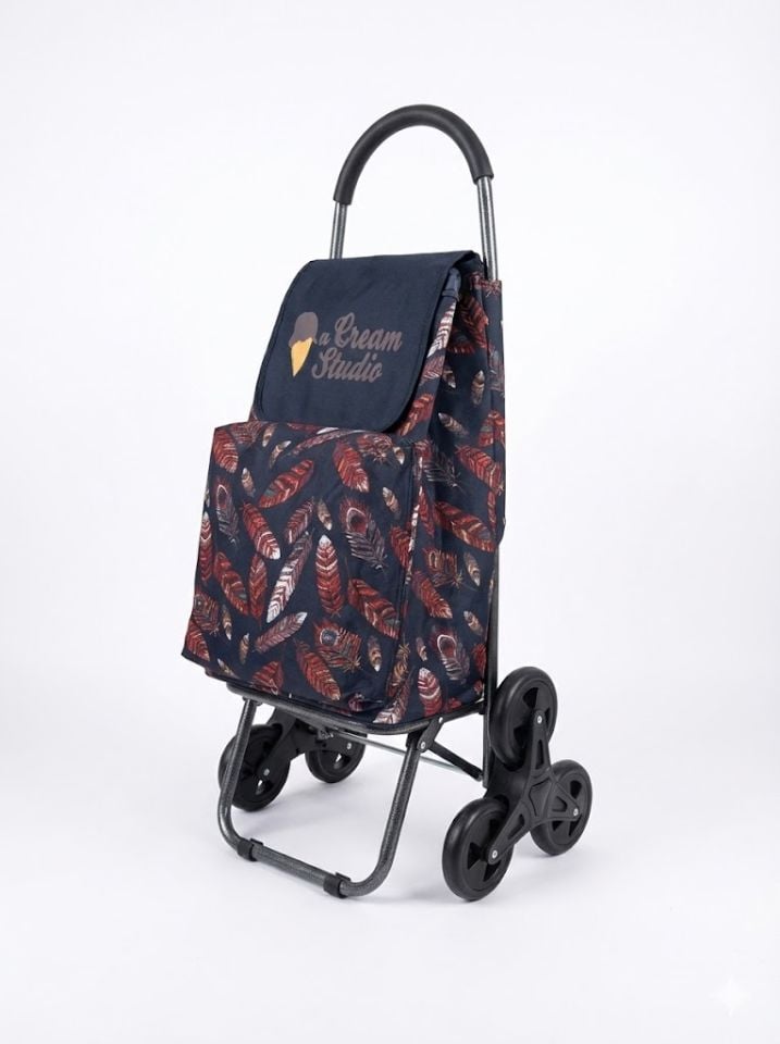 Desenli Katlanabilir Alüminyum Gövdeli 3 Tekerlekli Alışveriş Market Pazar Arabası