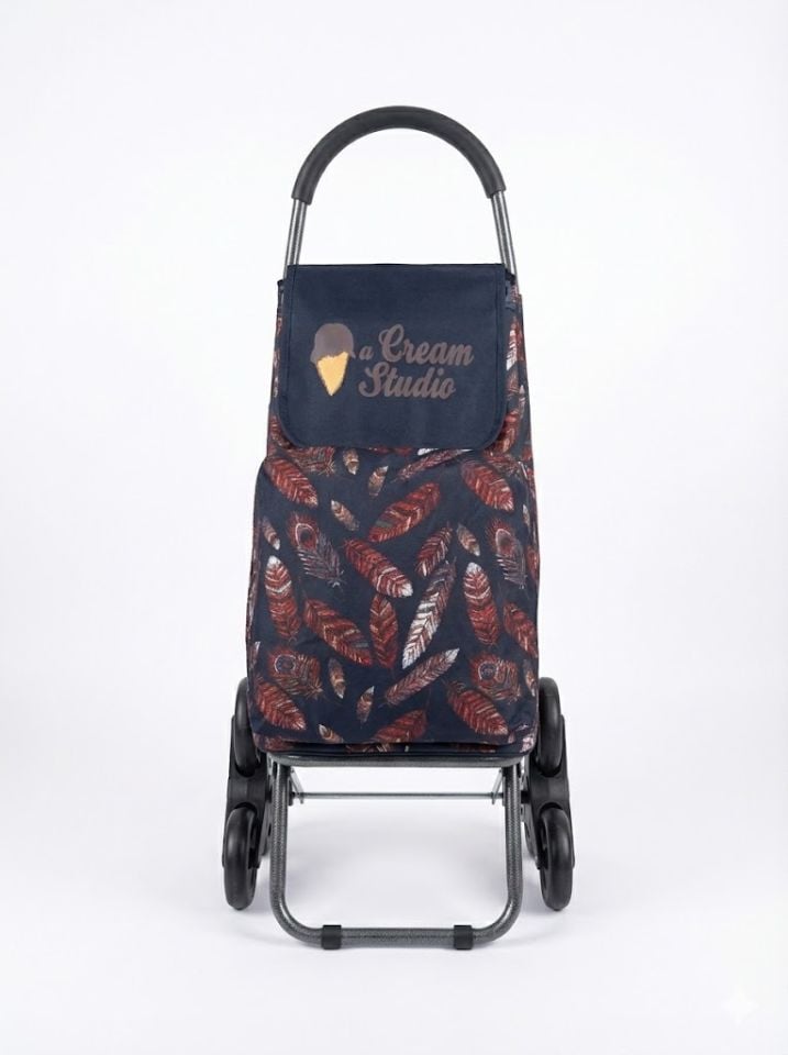 Desenli Katlanabilir Metal Gövdeli 3 Tekerlekli Alışveriş Market Pazar Arabası