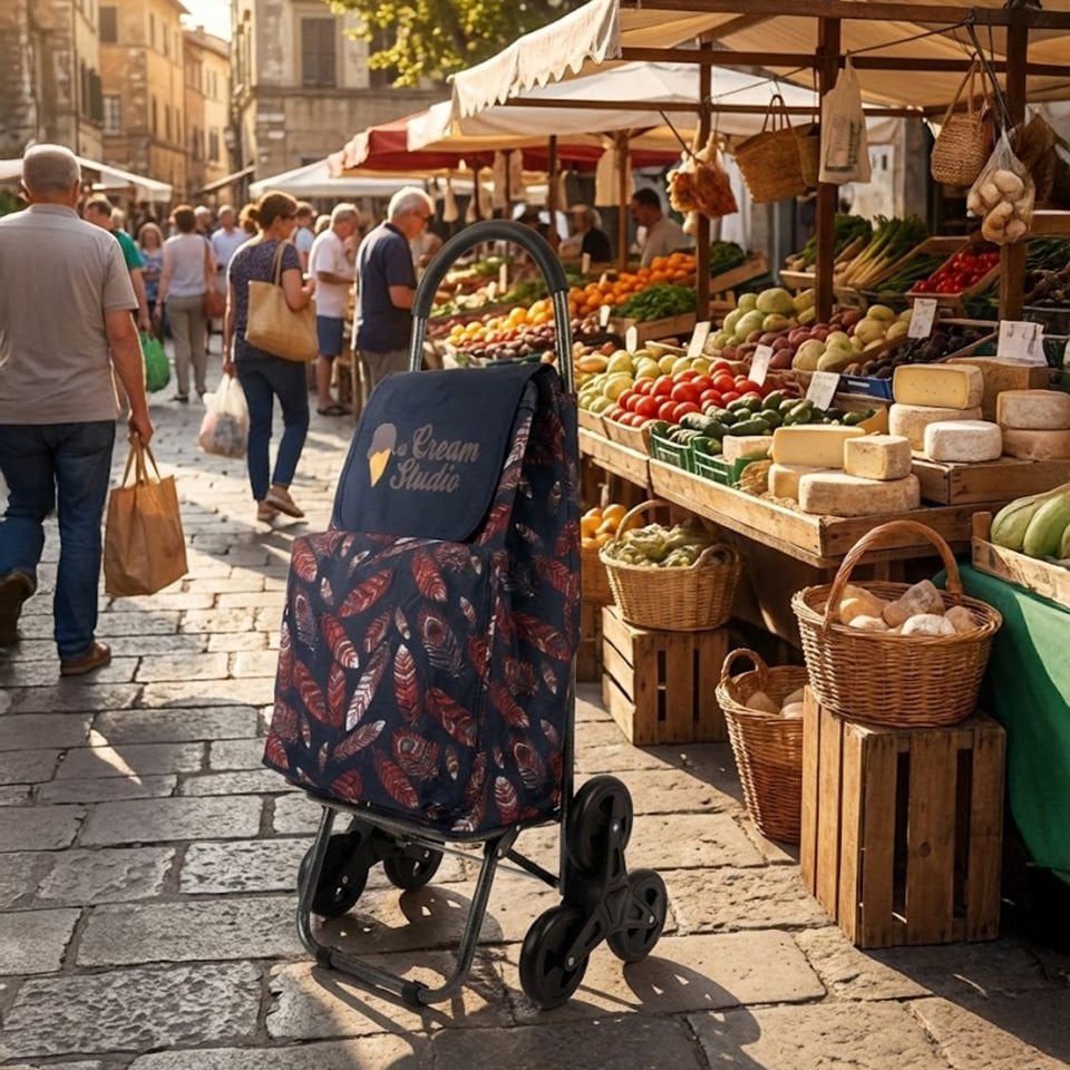 Desenli Katlanabilir Metal Gövdeli 3 Tekerlekli Alışveriş Market Pazar Arabası
