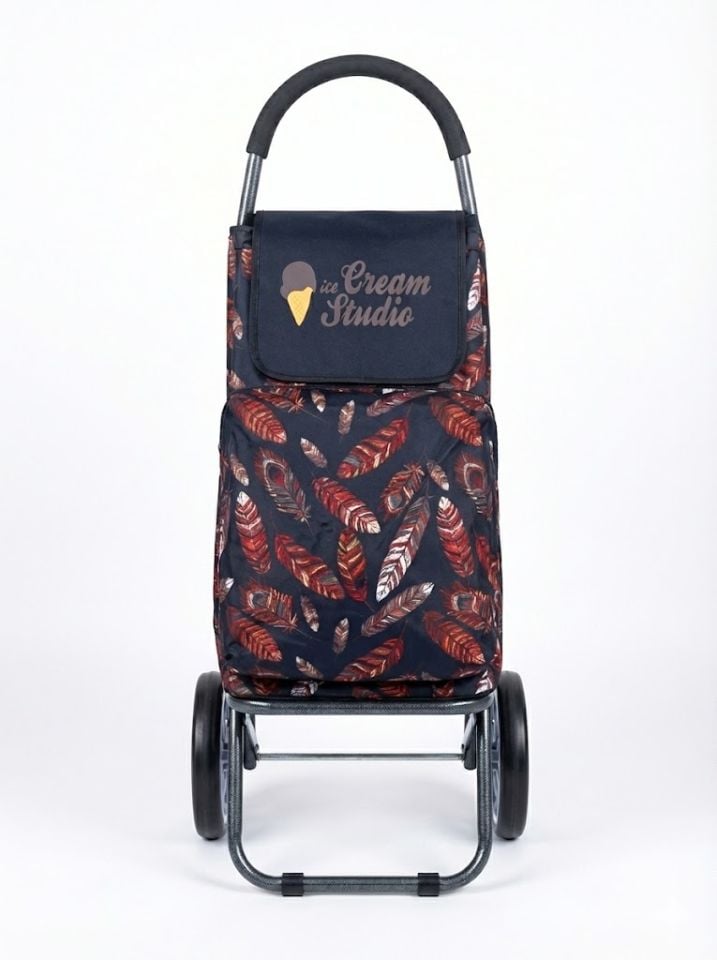 Desenli Katlanabilir Metal Gövdeli Ses Yapmaz Tekerlekli Alışveriş Market Pazar Arabası