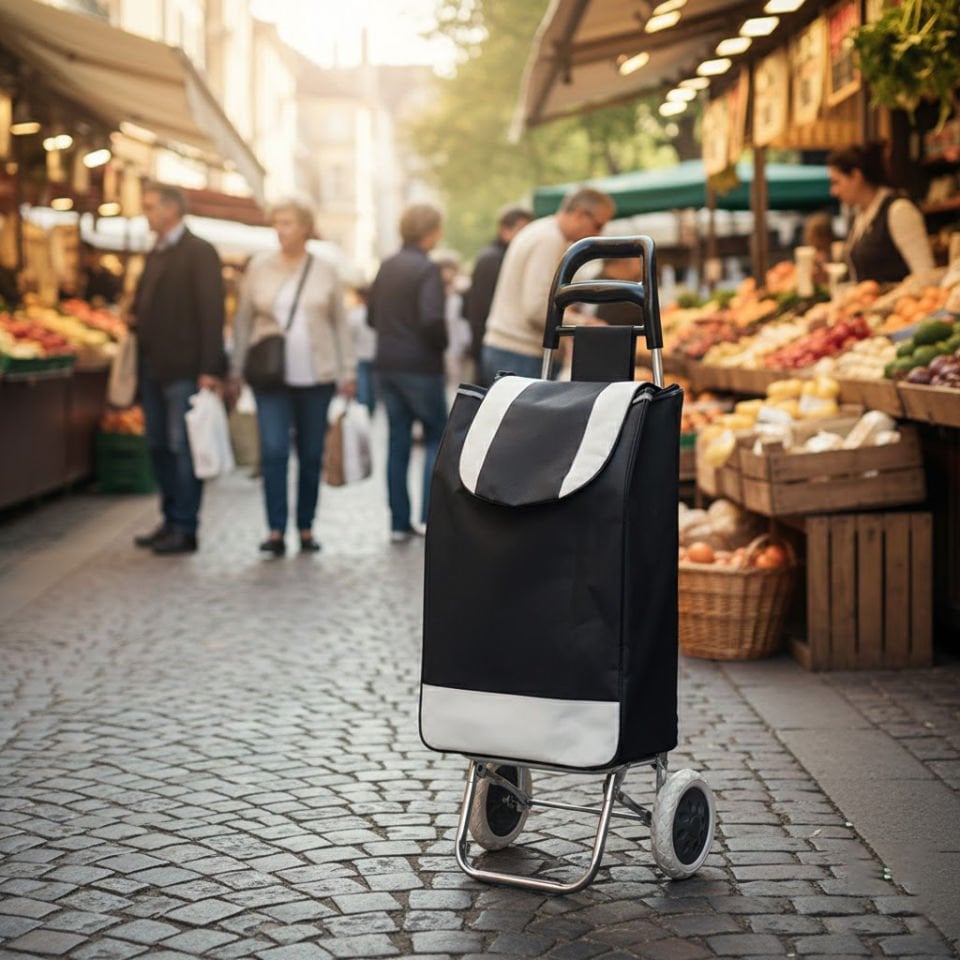Katlanabilir Ses Yapmaz Tekerlekli Su Geçirmez Çantalı Metal Gövdeli Pazar Market Arabası Siyah