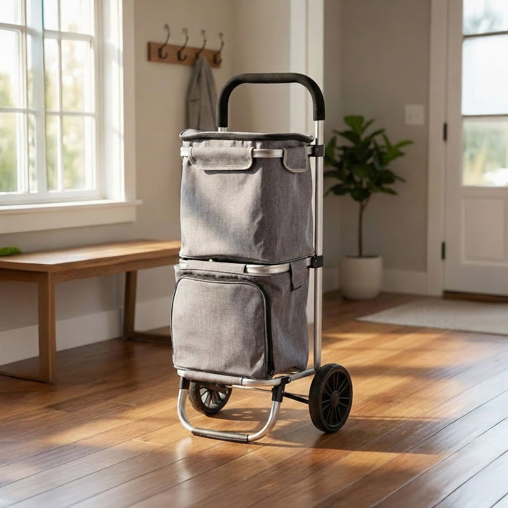 İki Bölmeli Termal Soğutucu Çantalı Alüminyum Gövdeli Alışveriş Pazar Arabası Gri