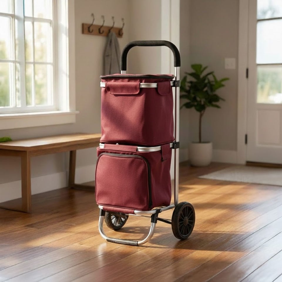 İki Bölmeli Termal Soğutucu Çantalı Alüminyum Gövdeli Alışveriş Pazar Arabası Bordo