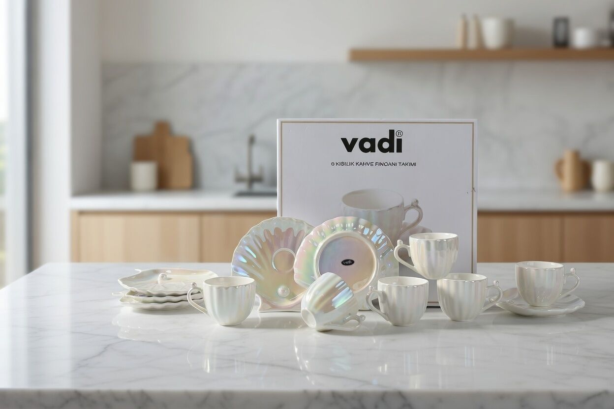 İstiridye Model Sedefli 6 Kişilik Porselen Kahve Fincan Takımı | Vadi Home