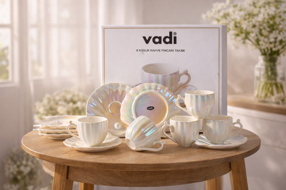 İstiridye Model Sedefli 6 Kişilik Porselen Kahve Fincan Takımı