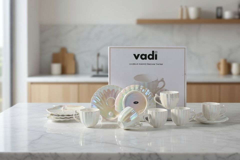 İstiridye Model Sedefli 6 Kişilik Porselen Kahve Fincan Takımı