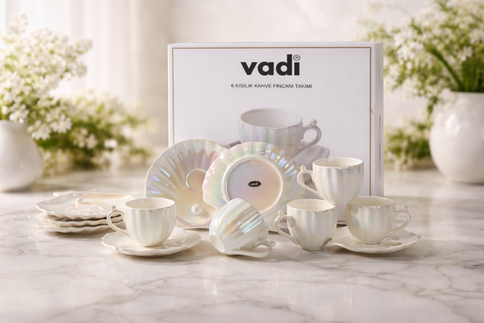 İstiridye Model Sedefli 6 Kişilik Porselen Kahve Fincan Takımı