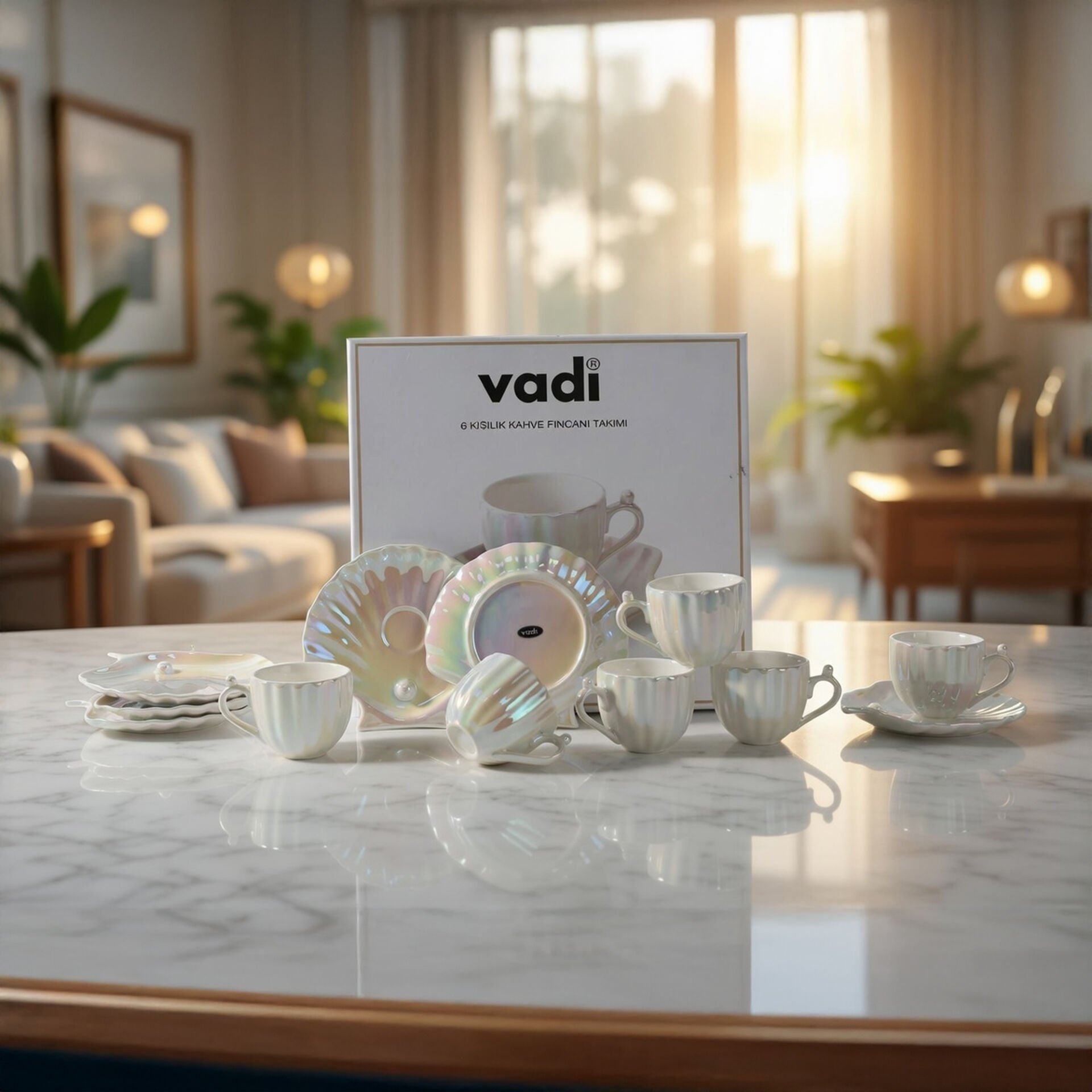 İstiridye Model Sedefli 6 Kişilik Porselen Kahve Fincan Takımı