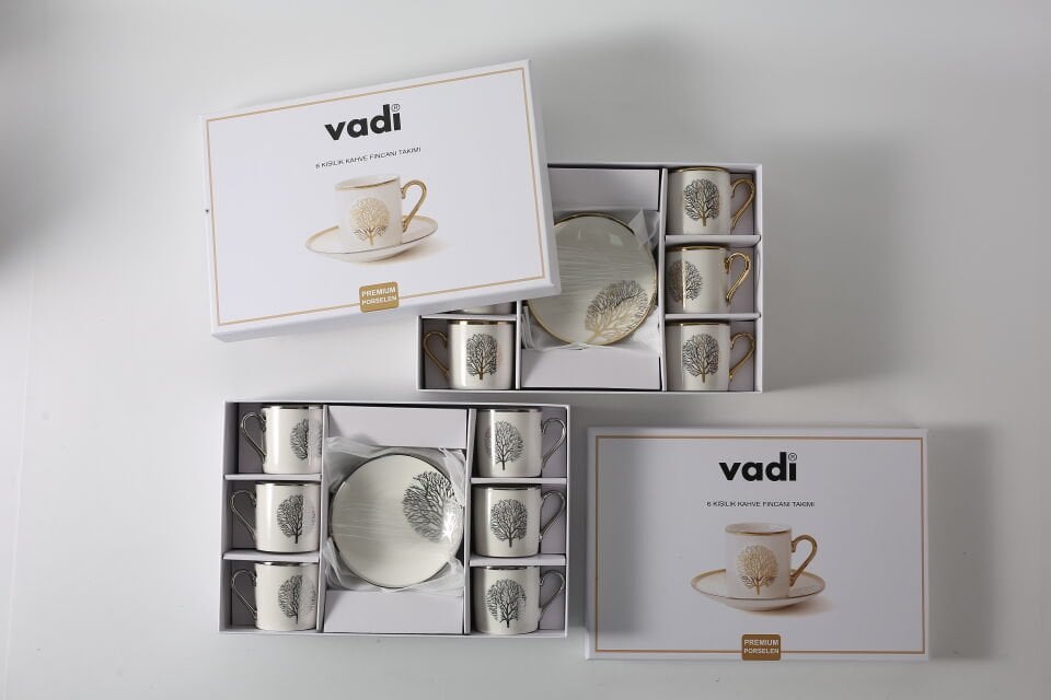 Hayat Ağacı Desenli 6 Kişilik Porselen Kahve Fincanı Takımı Gümüş