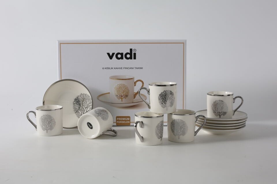Hayat Ağacı Desenli 6 Kişilik Porselen Kahve Fincanı Takımı Gold
