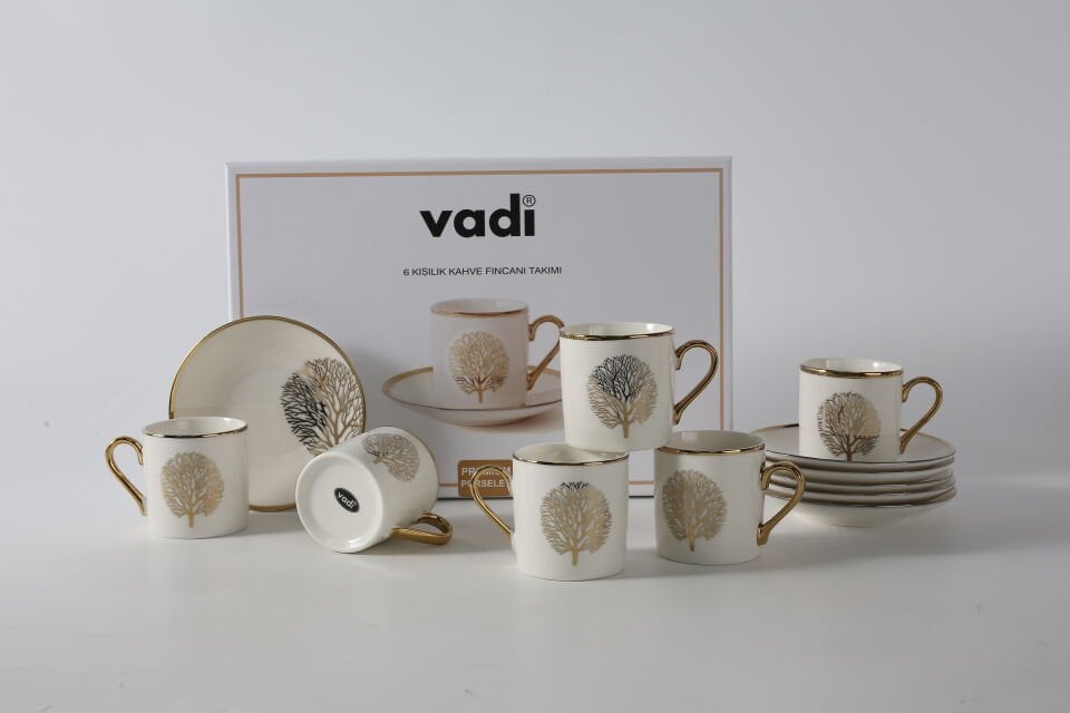 Hayat Ağacı Desenli 6 Kişilik Porselen Kahve Fincanı Takımı Gold