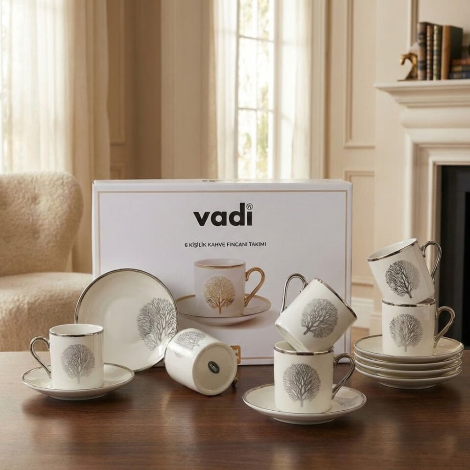Hayat Ağacı Desenli 6 Kişilik Porselen Kahve Fincanı Takımı Gümüş