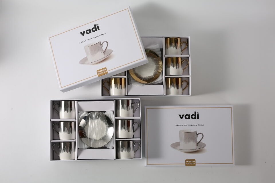 6 Kişilik Porselen Kahve Fincanı Takımı Lüks Gümüş
