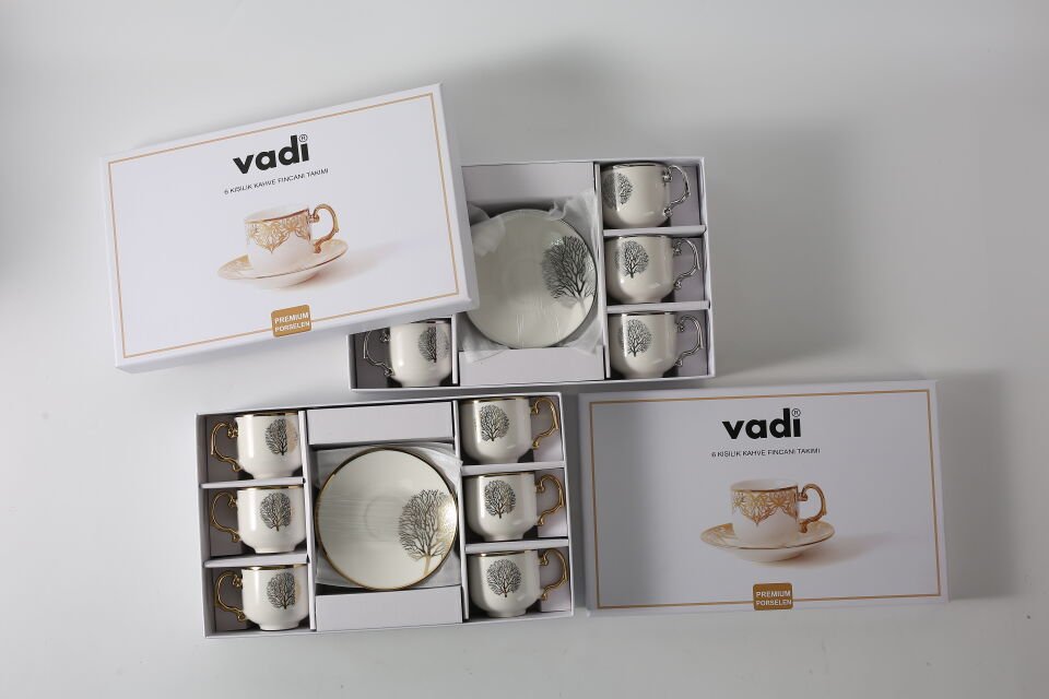 Hayat Ağacı Desenli 6 Kişilik Porselen Kahve Fincanı Takımı Gold