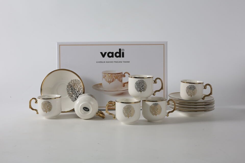 Hayat Ağacı Desenli 6 Kişilik Porselen Kahve Fincanı Takımı  Gümüş