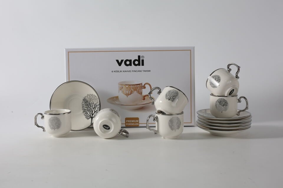 Hayat Ağacı Desenli 6 Kişilik Porselen Kahve Fincanı Takımı Gold