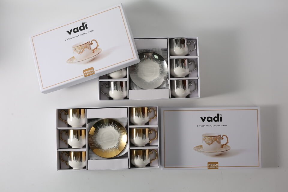 Yaldızlı 6 Kişilik Lüks Porselen Kahve Fincanı Lüks Takımı Gümüş