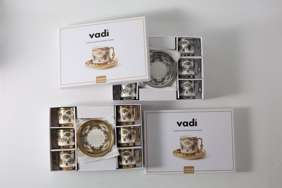 Desenli Porselen Kahve Fincanı Takımı 6 Kişilik Gold